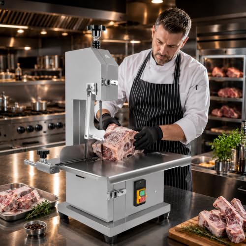 2000W Commercial Electric Meat Bandsaw Stainless Steel Meat Cutter Machine Workbench 20 x 15.3 0-7.9 Cutting Thickness Bone Saw Machine with 8 Blades for Frozen Meat Chicken Fish Beef