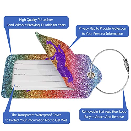 BLUBLU 2 Pack PU Leahter Luggage Tag with Stainless Steel Loop, Funny Travel Suitcase Labels with Privacy Cover ID Label Quickly Spot for Bags & Baggage Rainbow Glitter Purple Sparkles Unicorn2