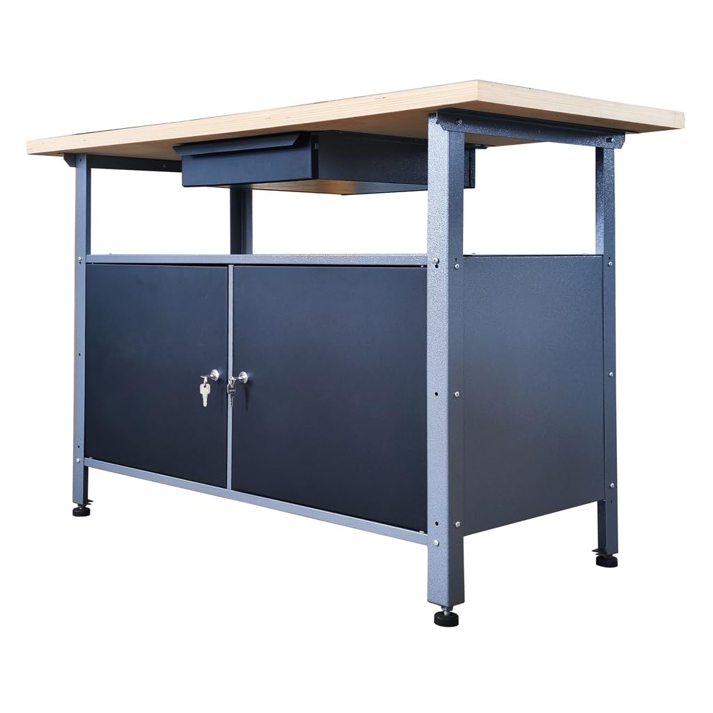 Werkbank aus Metall mit 30 mm Sperrholzplatte, verschließbaren Türen und Schublade, Maße (BxTxH): 120 x 85 x 60 cm