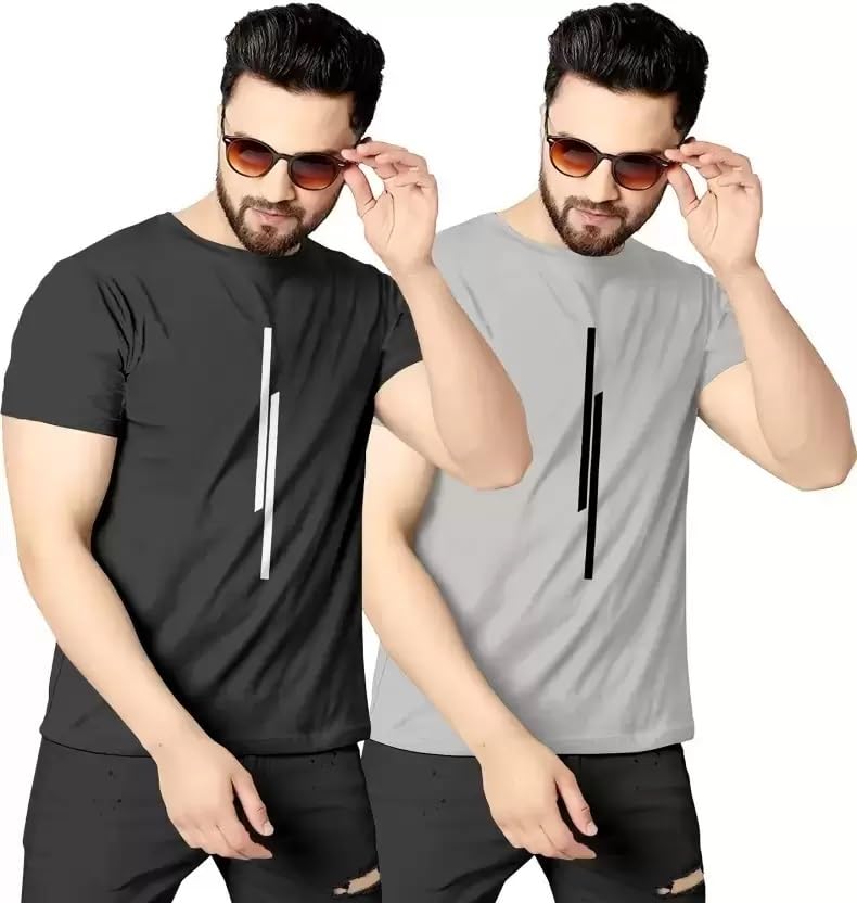 REVIZOPack of 2 Men Tshirt, Half Sleeves, Round Neck, Fabric Polyester, 11 Line Theme, Light Weight, Comfortable T-Shirt for Men