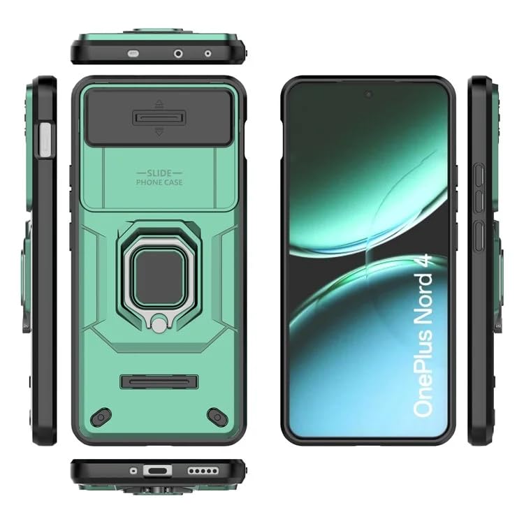 Image of Casodon Heavy Duty Armor Back Case Cover for Oneplus Nord 4 - Magnetic Kickstand Ring with Camera Shutter Protection, Rugged Bumper Hard Back Cover for Oneplus Nord 4 (PC & TPU|Green)