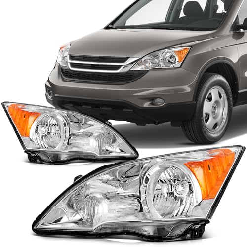 Image of SCITOO Headlights for 2007-2011 for Honda CR-V EX /EX-L /LX Headlight Assembly Chrome Housing Amber Reflector Clear Lens Driver and Passenger Side (Bulbs Not Included) | Fit 2007-2011 for Honda CR-V Headlights | Driver & Passenger Side | Chrome Housing Amber Reflector| OE#33101SWAA01