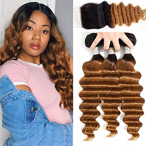 Ombre Bundles with Closure loose Deep 1B/30 Human Hair 3bundles Brazilian Virgin Human Hair Dark Root Twe-tone 1B/30 bundles with Closure(12 14 16 +10)