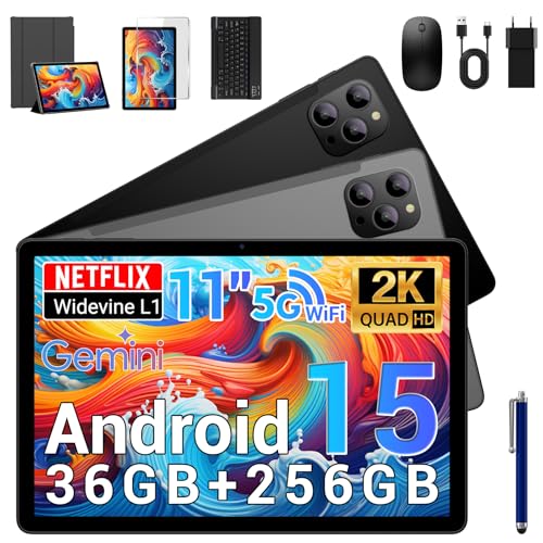 BEYNIVAN Tablet Android 15-11 Pollici Tablet in Offerta con Octa Core T615,36GB RAM + 256GB ROM (2TB TF), 5G WiFi,Gemini AI,Widevine L1,8000mAh,18W,Foto AI 16MP+8MP, TÜV, GPS,con Tastiera+Mouse,Nero