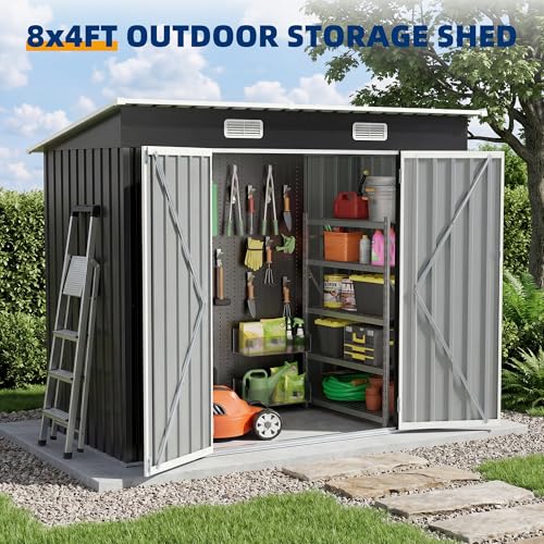 Image of UDPATIO 8x4 FT Metal Storage Shed,Outdoor Shed,Garden Shed for Patio,Grey | All-Weather,Sloping Roof,Lockable Door,Air Vent,Upgraded Full-Frame Structure,Patio,Lawn,Garden,Backyard,Bicycle,Tool,Bicycle
