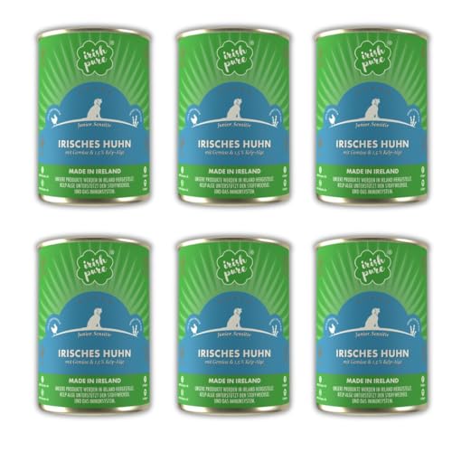 Irish Pure Premium Junior Nassfutter für Hunde | 6 x 390g | irisches-Huhn | Vitamine | Getreidefrei | Sensitiv | mit Superfood Kelp-Alge | Nassfutter für alle Rassen