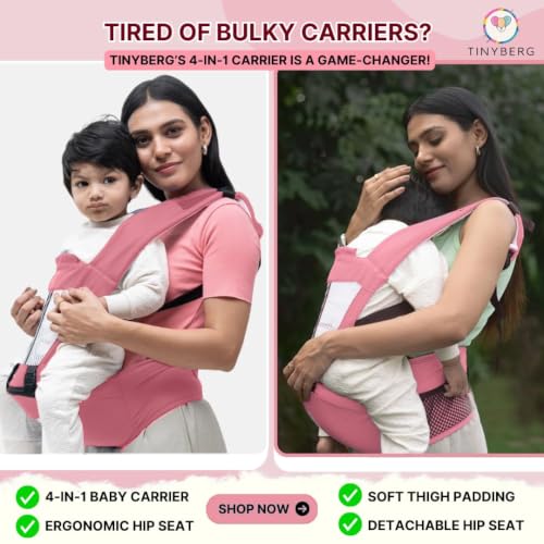 Image of Tinyberg | Baby Carrier for 0 to 3 Year Baby | Baby Carrier for Newborn | Baby Carrying Bag | 4-in-1 Hip Seat, Adjustable Straps, Soft Thigh Padding | Baby Carry Bag | Kangaroo Bag | Up to-15 Kg - Candy Pink