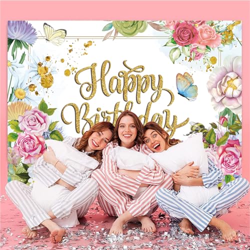 Celchvens Flower Decoration Backdrop for Women Girl Birthday Party Spring Butterfly Happy Birthday Photography Background Greenery Pink Wildflower Banner 7x5ft by Celchvens - Used condition - Image 4