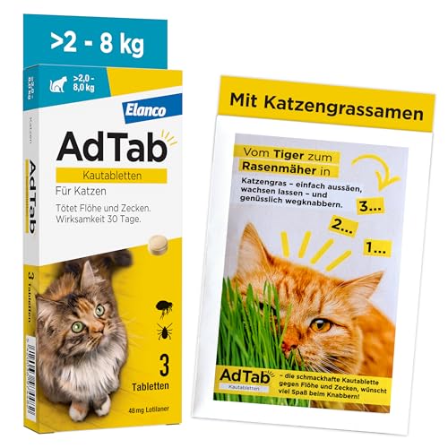 AdTab Katze 2-8 kg - Kautablette gegen Flöhe & Zecken mit Katzengrassamen