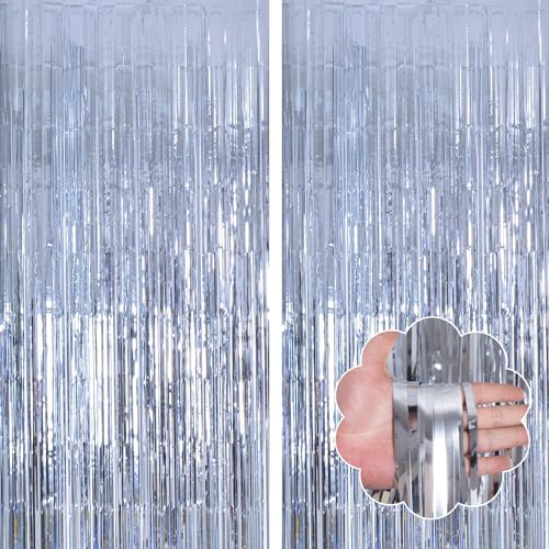 Image of Silver Party Decorations Backdrop Curtains 2Pack - 3.3x8.2FT Silver Backdrop Photo Booth Props Fringe Curtains - Tinsel Curtains Birthday Decorations Streamers Party Supplies