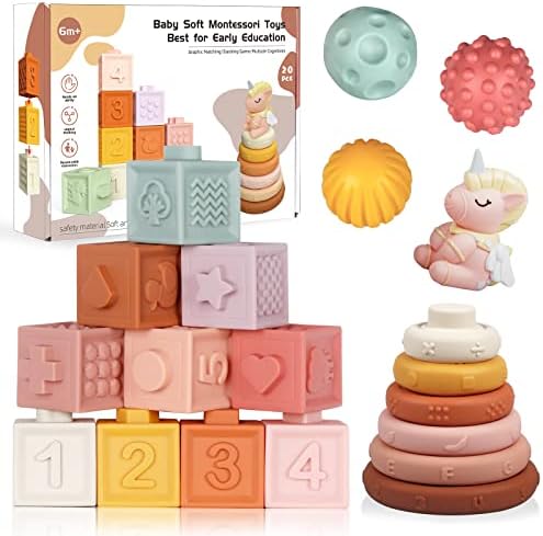 Weilim Montessori Toys for Baby Soft Stacking Blocks Rings Balls Sets with Unicorn 3 in 1 Baby Toys Bundle for Babies 6-12 Months Sensory Toys for Toddlers 9-18 Months Infant Teething Bath Toy