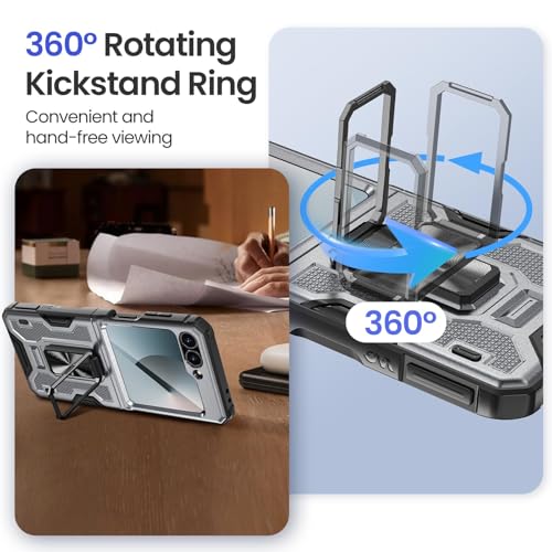 Image of VEGO Phone Case for Z Flip 6 Built-in Screen Protector & Hinge Cover | Aujustable Ring Kickstand Shockproof Case for Samsung Flip 6 2024 - Gray