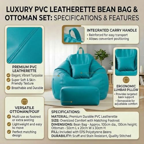Image of KAM'S LIEU 5XL Luxury Faux Leather Bean Bag with Footrest & Cushion | Pre-Filled High-Density Polystyrene Beans | Premium Leatherette | 6 Months Warranty Color- (Aqua, with Footrest)