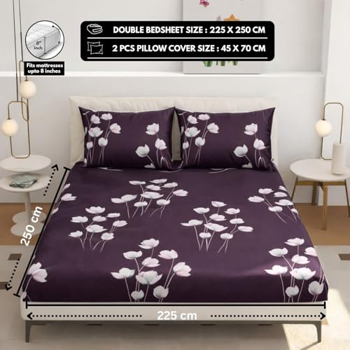 Image of King Size Bedsheet Cotton for Double Bed | Flat - 90x100 Inch, Floral, Soft & Breathable, Fade & Shrink Resistant, 2 Pillow Covers | Plum Tulip Glow, Plum Purple