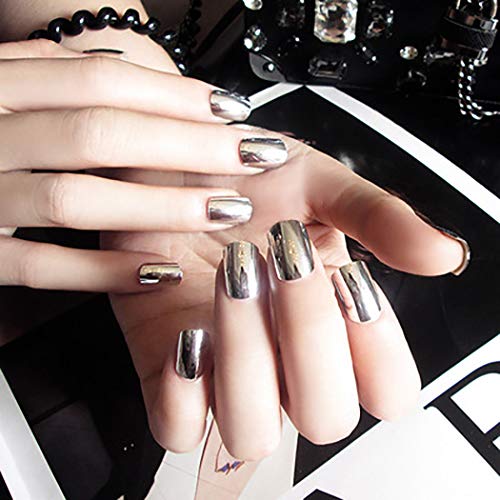 Morebrave Short Fake Nails Silver Press on Nails Mirro Fake Nail Fashion Nails Art Sets for Women and Girls