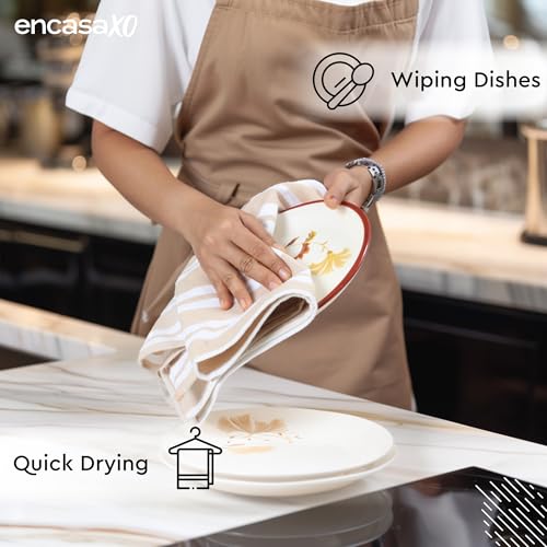Image of Encasa XO Kitchen Towels Cotton Pack of 4 | 70x45 cm, Franca Beige Stripes - Dish Cloths | Highly Absorbent Cleaning & Wiping Cloths for Kitchen | Reusable Tea Towels