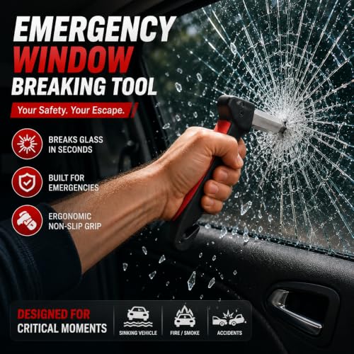 Image of YOURKARTS.COM 5-in-1 Car Support Handle with Window Breaker - Easy Grip Safety Tool for Seniors | Seat Assist Bar for Car Entry & Exit | car Accessories (Red)