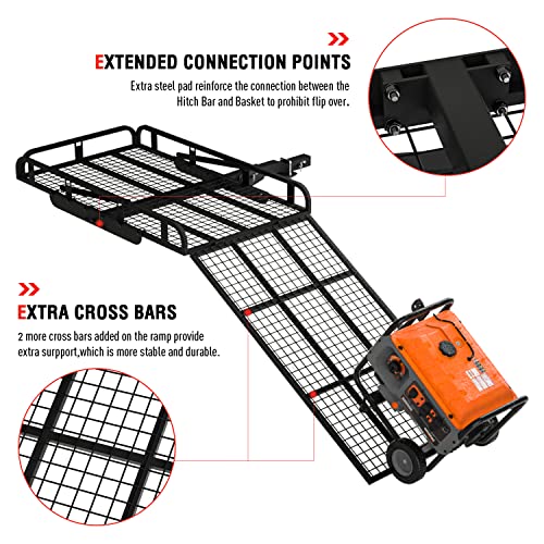 Hitch Mount Steel Cargo Carrier Basket With 49'' Folding Wheelchair Ramp, Fits 2'' Trailer Mounted Hitches #TOP4