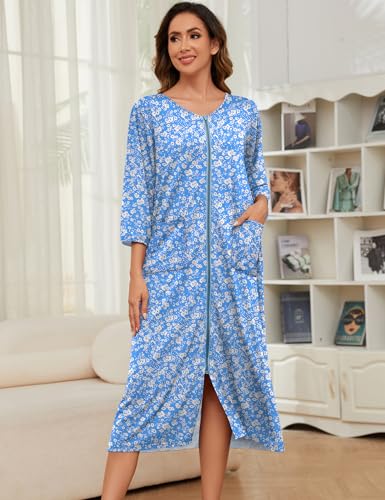 Image of Bloggerlove Zipper Front Robes for Women House Coat Half Sleeve Loungewear Long Nightgown with Pockets S-3XL