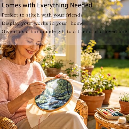Image of FONNUY Embroidery Kit for Beginners, Boho Nature Landscape Pre-Stamped Pattern Kits for Adults with Hoop, Easy to Follow Color Thread Needlework, 8'' Hoop (Verdant Riverside)