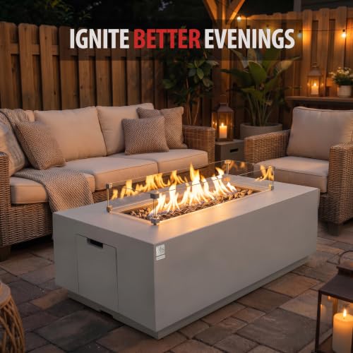 Image of AMS 66 inch Rectangular Concrete Propane Gas Fire Pit Table Bundle, Light Gray