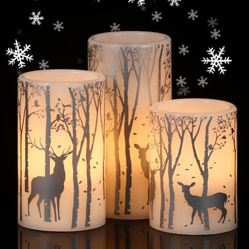 Image of Christmas Flameless Candles with 6H Timer, Real Wax LED Pillar Candles Flickering, Silver Reindeer Birch Battery Operated Candles for Home Decor Christmas Gifts, 3x4 /5 /6 inches