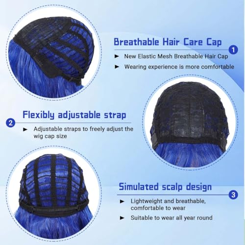 Image of Pastel Blue Wavy Bob Wig for Women, Short Shoulder Length Synthetic Wig with Bangs, Natural Looking Lightweight Hairpiece for Daily Wear & Cosplay Costume Party