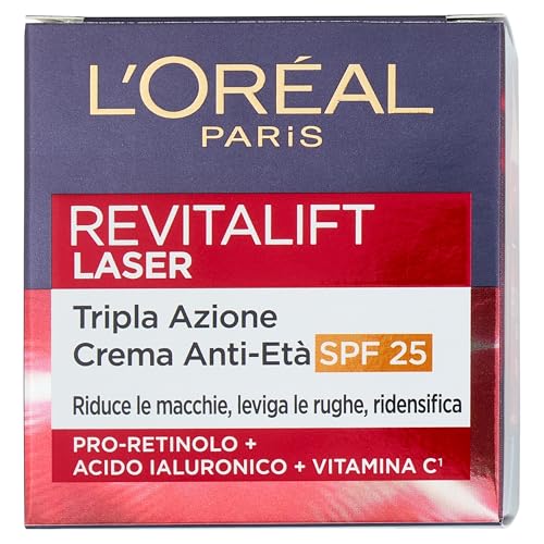 L'Oréal Paris Crema Viso Giorno Revitalift Laser SPF25, Per Tutti i Tipi di Pelle, Azione Antirughe e Anti-Macchie, Pelle più Soda e Tonica, Con Acido Ialuronico, Vitamina C e Pro-Retinolo, 50 ml