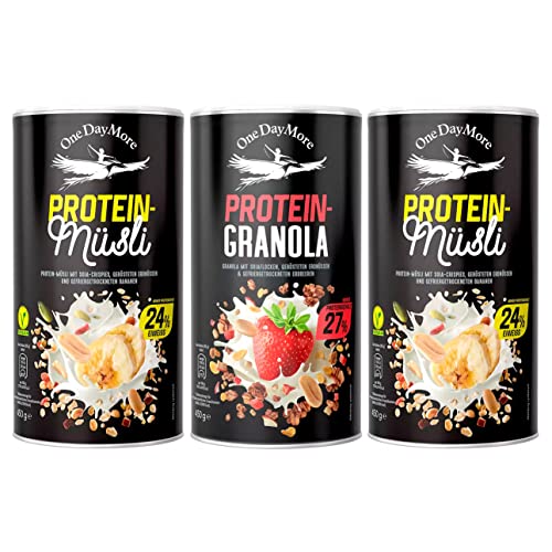 OneDayMore Protein Granola Schoko Müsli Mix | 1350g Viele Früchte Haferflocken Musli | Vegan Fit Muesli Essen 27,3g Eiweiss Frühstück 100% Natürlich | Musli 3-pack