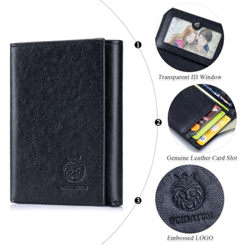 Image of Trifold Wallets for Men RFID Blocking Full Grain Leather Short Mens Wallet with Snap Closure, 8 Card Slots, Clear ID Window, Black