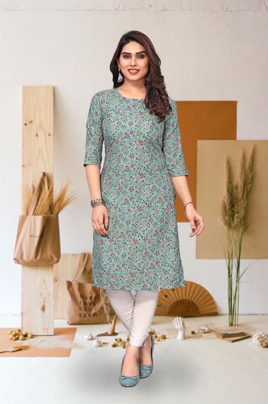 Image of JAKHANA Women's Crepe Printed Casual Straight Calf Length Round Nick Kurta Pack of 4