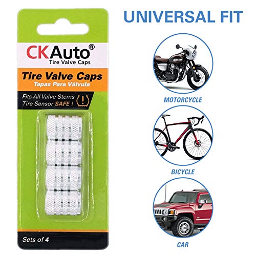 Image of CKAuto Tire Valve Stem Caps, Silver, 4 pcs /Pack, Anodized Aluminum Tire Valve Cap Set, Corrosion Resistant, Universal Stem Covers for Cars Trucks Motorcycles SUVs and Bikes