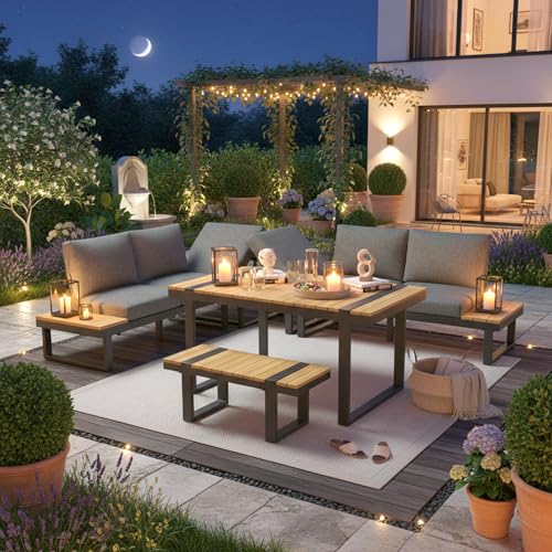 Yihomfy Canapé d'angle pour Jardin 6 Places avec Table et Banc - Dossier Inclinable 5 Positions (Max 55°) - Structure en Acier Galvanisé, Plateau Bois Composite -...