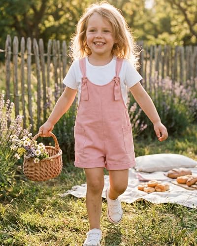 Image of HINTINA Toddler Girl Overall Shorts Set Adjustable Loose Jumpsuit Short Sleeve T-shirt Vacation Summer Outfits with Pockets
