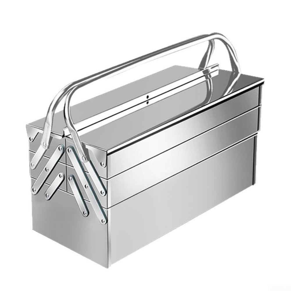 Caja de herramientas plegable de acero inoxidable, organización de tres niveles, almacenamiento portátil para proyectos de bricolaje, garaje, mantenimiento automotriz, construcción, diseño
