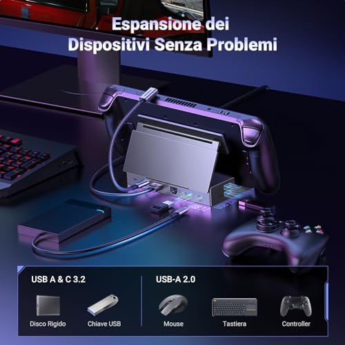Hub USB C HDMI 4K 60Hz Dock Steam Deck ROG Ally Adattatore Type C 3.2 10Gbps Ethernet Gigabit PD 100W Ricarica Lettore di Schede SD TF Docking Station con Supporto Regolabile - Hub USB - Immagine 3