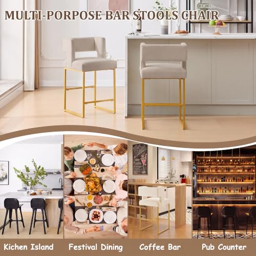 Image of Counter Height Bar Stools Set of 2, Taupe Velvet Bar Chair Gold Leg | 26 inch Seat Height Fits Standard Kitchen Islands, Upholstered Barstools, Back Support, Square Metal Legs, Footrest