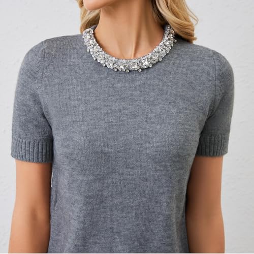Aperlamiri Women's Knitted Short Sleeve Classic Fit Dressy Spring Outfit Crytals Round Neck Sweater Top4