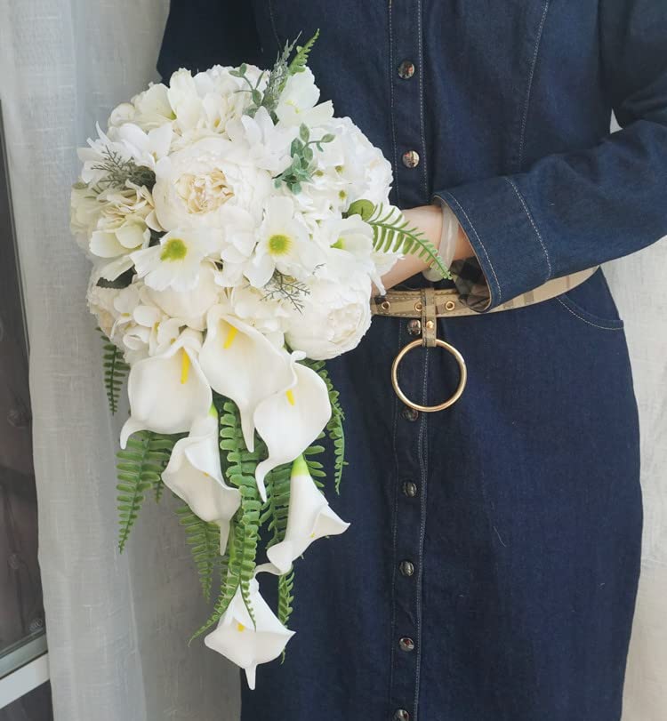 Bouquets De Mariage De Fleurs Artificielles pour Demoiselle d'honneur, Bouquet De Mariée en Cascade De Lys Calla PU pour Cérémonie De Mariage Rustique Bohème, Anniversaire