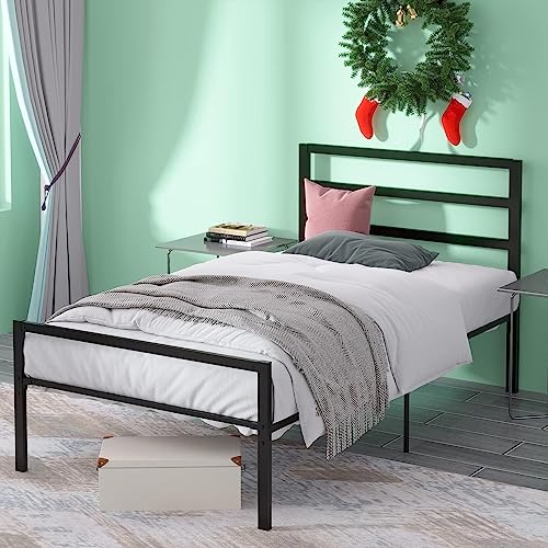 Hombck Twin Bed Frames With Headboard And Footboard, 12 Inch Bed Frame Twin With Under Bed Storage, Heavy Duty Bed Frame No Box Spring Needed, Easy Assembly, Black #TOP4