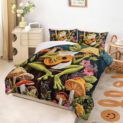 Image of AILONEN Funny Frog Comforter Set Twin Size,Cartoon Red Mushroom Bedding Sets,Natural Plants Duvet Set,3 Pieces,1 Quilt and 2 Pillowcases,Microfibre