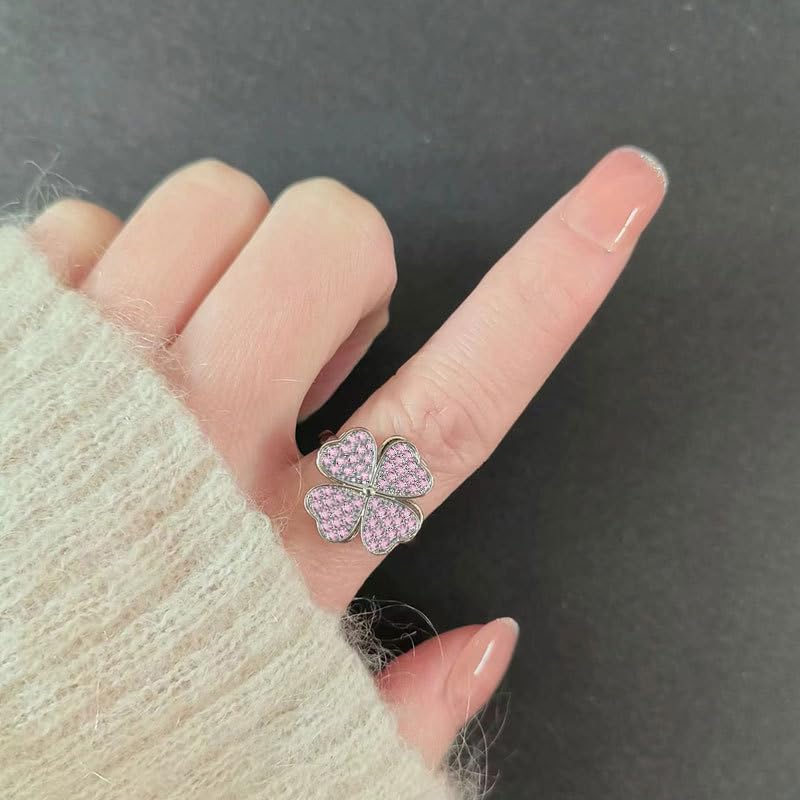 Pink Cz Four Leaf Clover Wedding Rings for Women Unique Rotating Spinner Shamrock Adjustable Stress Relief Fidget Ring Wedding Band Finger Sterling Silver Plated St Patricks Day Birthday Jewelry Gifts3