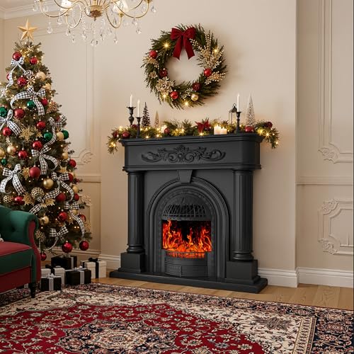 Image of 50 inch Tall Black Solid Wood Electric Fireplace with Mantel, Roman Column TV Stand with Arched Birdcage Heater Insert, Modern Fireplace for Living Room, Bedroom & Entryway