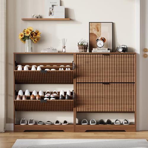 Image of HUANLEGO Shoe Cabinet Storage for Entryway with 2 Flip Drawers, Walnut Fluted Shoe Cabinet with Open Storage, Wooden Hidden Shoe Rack Freestanding Narrow Slim Shoes Organizer for Hallway, Entrance