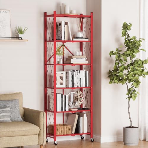 Image of ALANNG 73.6 Inch Folding Bookshelf, 6 Tier Metal Bookcase and Bookshelves | Tall Shelves for Living Room Office Bedroom, Heavy Duty Book Shelve Free Standing Open (Red, 1PACK)