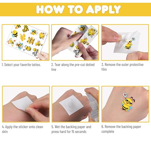 Image of 120 PCS Bee Pre-Cut Temporary Tattoos for Kids | | Super Cute First Themed Birthday Party Favors, Supplies, Decorations, Cute Animal Tattoo Stickers, Gifts for Boys Girls