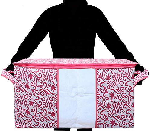Image of Kuber Industries Leaf Design Non Woven 4 Pieces Underbed Storage Bag, Storage Organiser, Blanket Cover (Pink)-CTKTC025729