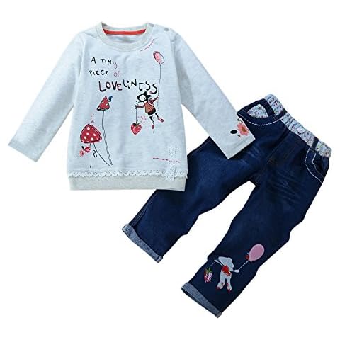 Shiningup Baby Girl's Long Sleeve Cartoon Pullover Shirt and Long Jeans Pants Outfit Clothing Set for 1-6 Years Old Little Girl White Cover