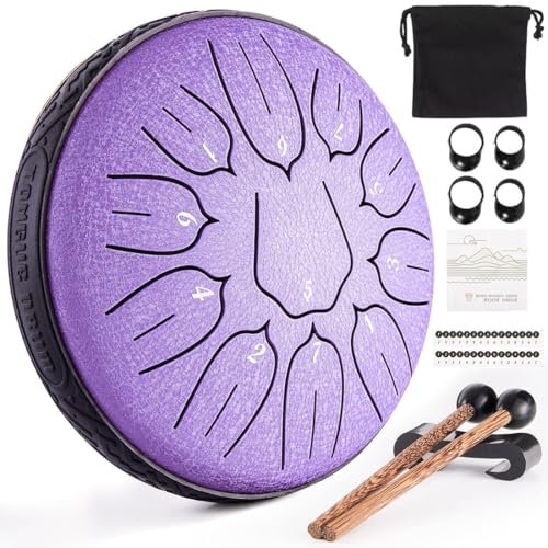 Tambor de lengua, 15 cm, 11 notas en D mayor, tongue de acero con libro musical, baquetas, tonos de acero, instrumento de percusión, batería principiante para meditación yoga (lavanda, 6 pulgadas, 11