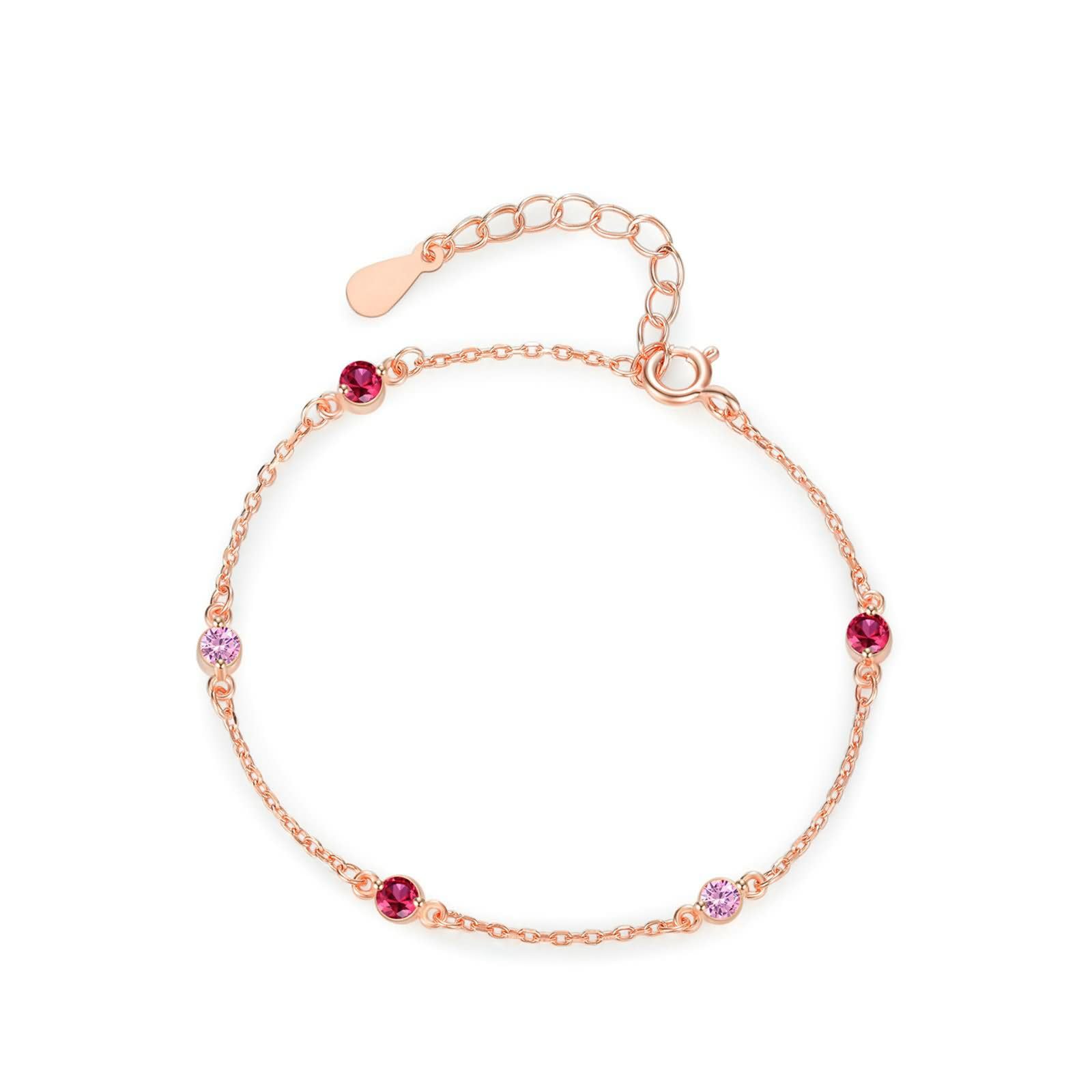 Pulseras Mujer de Oro Rosa de 9 Kilates / 14 Kilates / 18 Kilates, Redondo con Zafiro Rosa Creado y Rubí Creado, Cadena Extensible 16 CM + 5 CM, Pulseras Mujer de Oro Rosa